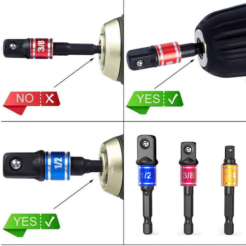 CIGOTU Impact Grade Power Hand Tools Driver Sockets Adapter Extension Set, 3Pcs 1/4 3/8 1/2" Hex Shank Drill Nut Driver Bit Set + 105 Degree Right Angle Driver Extension Screwdriver Drill Attachment - Image 2